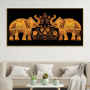 Traditional Style Twin Elephants with Floral Motif Canvas Wall Painting