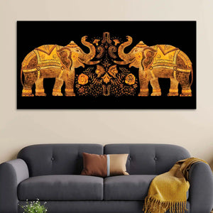 Traditional Style Twin Elephants with Floral Motif Canvas Wall Painting