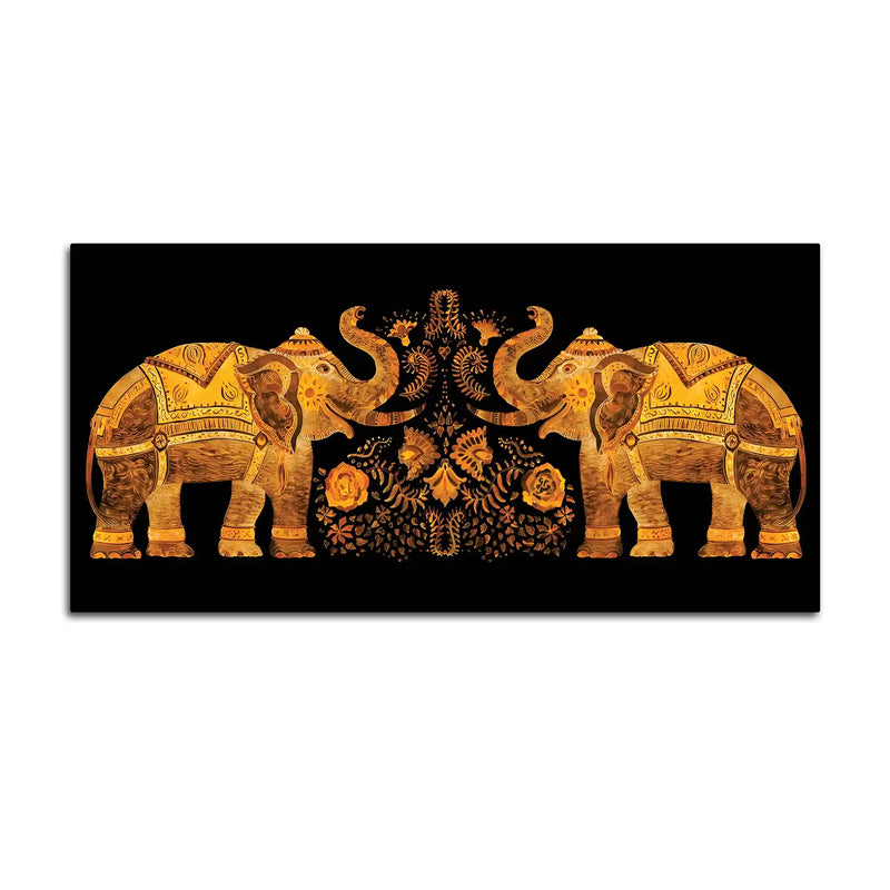 Traditional Style Twin Elephants with Floral Motif Canvas Wall Painting