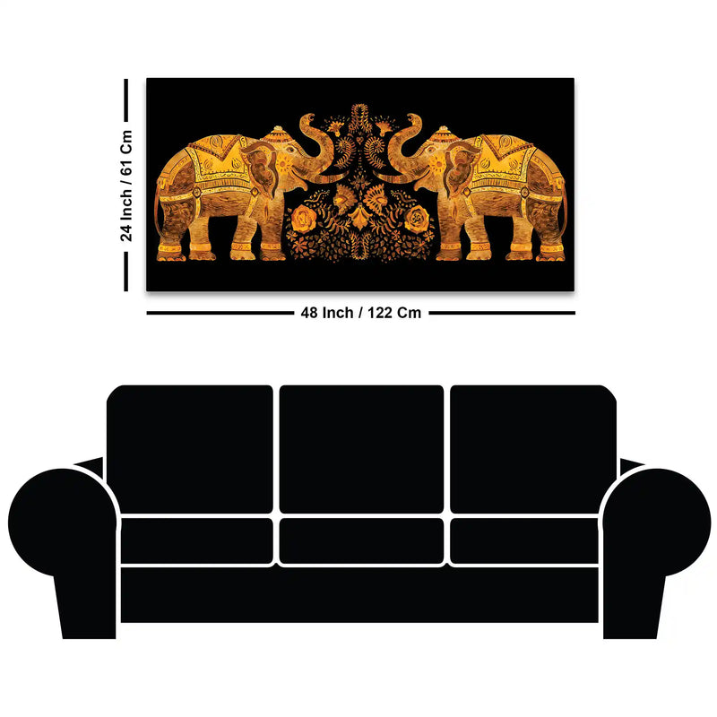 Traditional Style Twin Elephants with Floral Motif Canvas Wall Painting