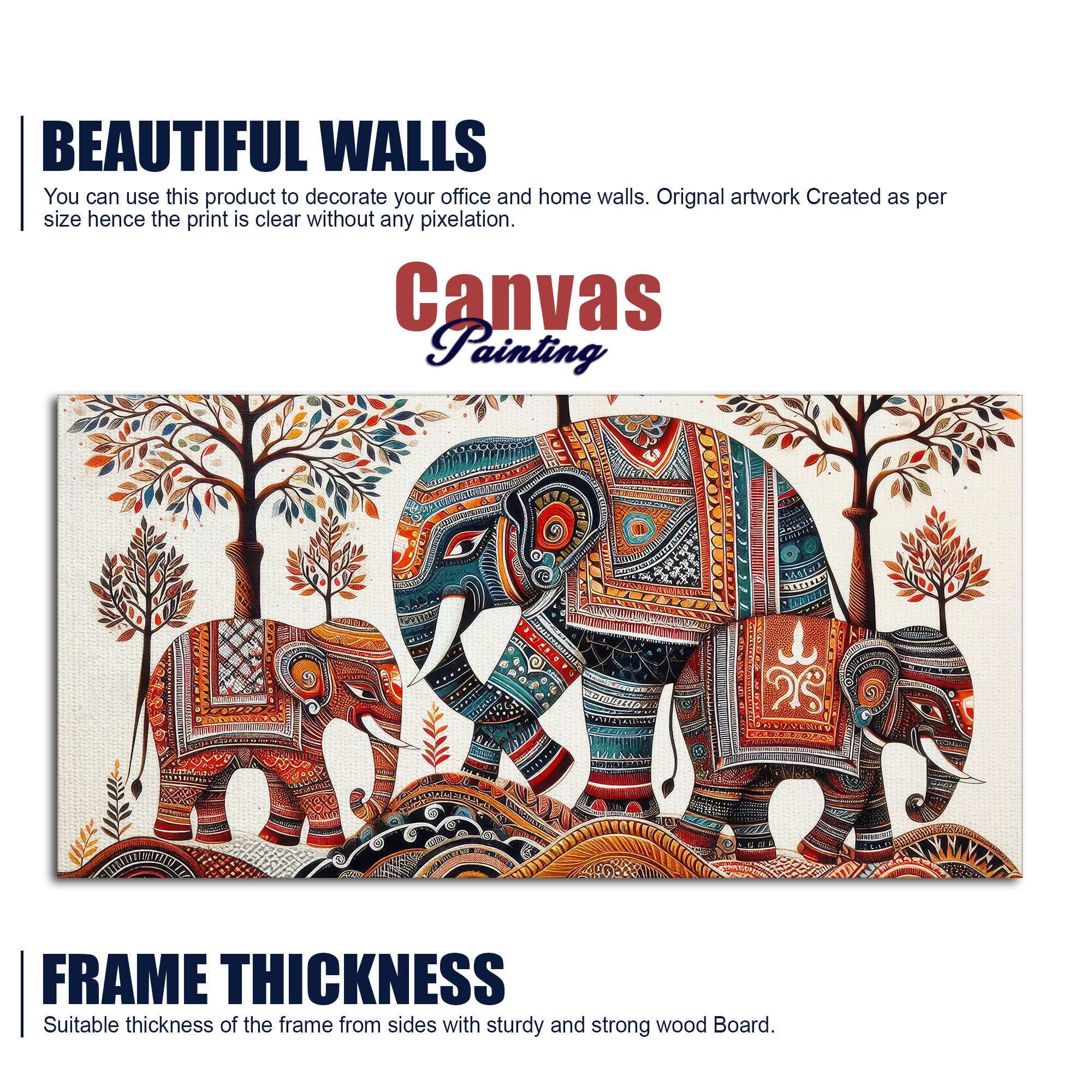 Traditional Three Artistic Elephant Art Canvas Wooden Wall Painting