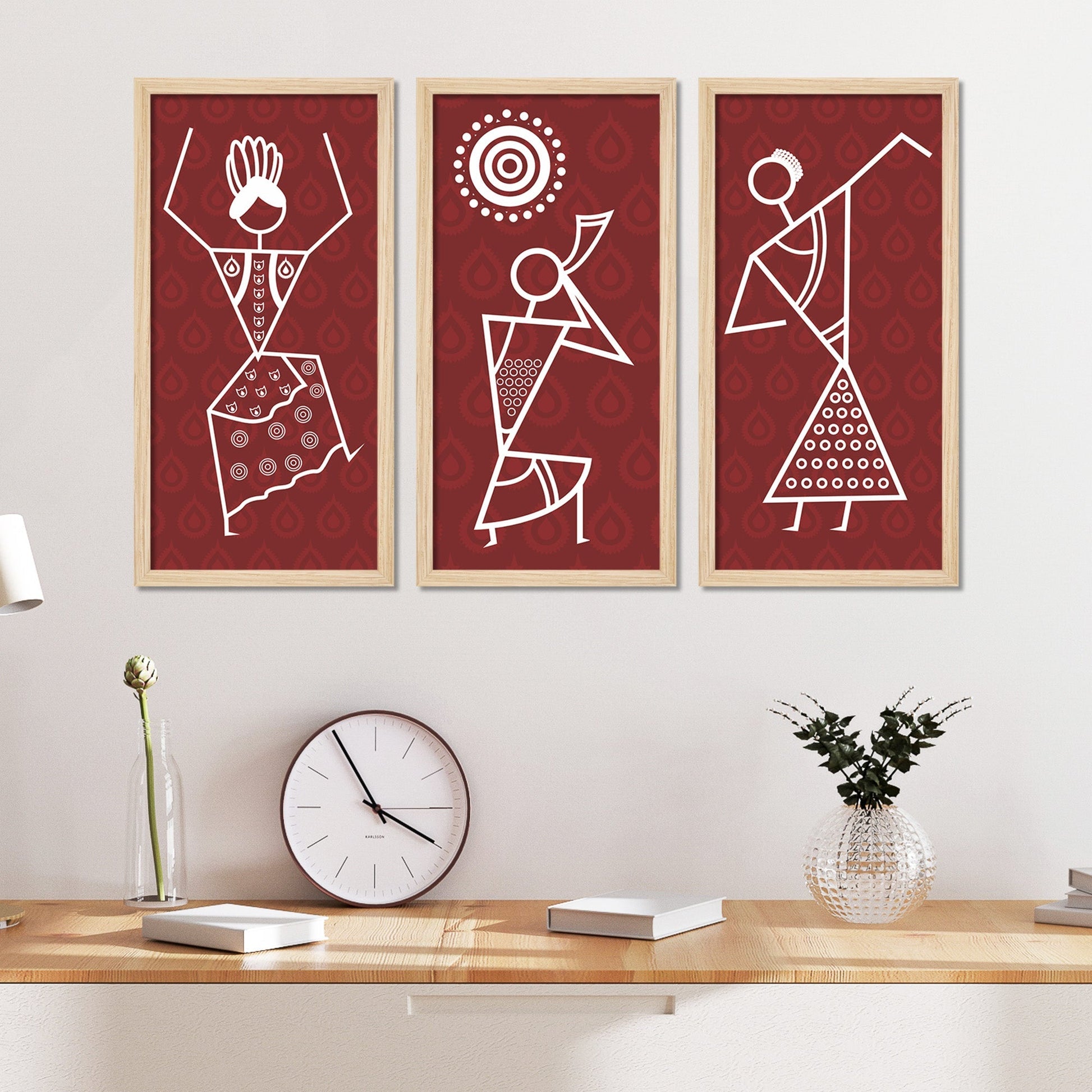 Traditional Warli Art Indian Rural Life Wall Frame Set of Three