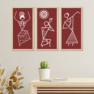 Traditional Warli Art Indian Rural Life Wall Frame Set of Three