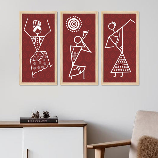 Traditional Warli Art Indian Rural Life Wall Frame Set of Three