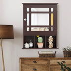 Traditional Wooden Wall Cabinet with Mirror Door & Storage Slots