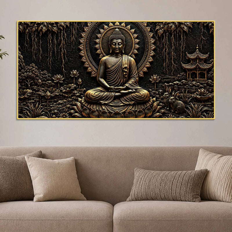 Tranquil Buddha with Lotus & Temple Black Gold Metallic Look 3D Canvas Wall Painting