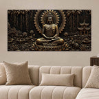 Tranquil Buddha with Lotus & Temple Black Gold Metallic Look 3D Canvas Wall Painting