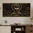 Tranquil Buddha with Lotus & Temple Black Gold Metallic Look 3D Canvas Wall Painting