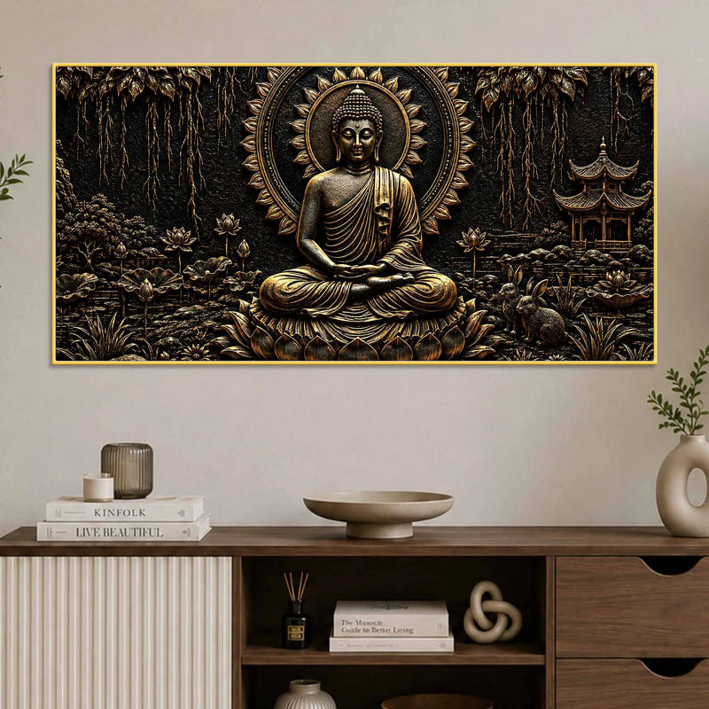 Tranquil Buddha with Lotus & Temple Black Gold Metallic Look 3D Canvas Wall Painting