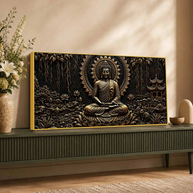 Tranquil Buddha with Lotus & Temple Black Gold Metallic Look 3D Canvas Wall Painting