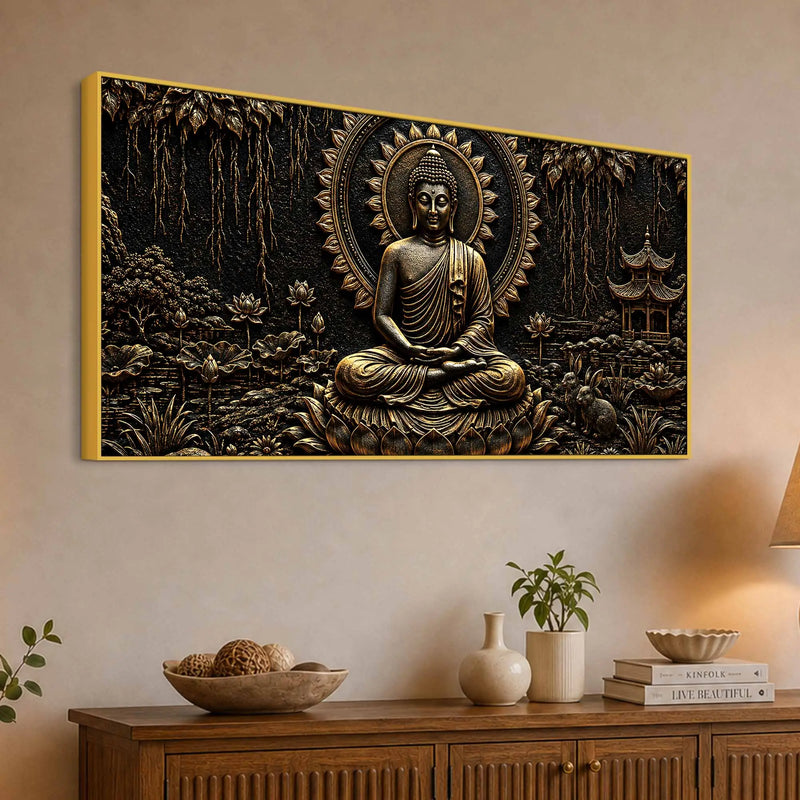 Tranquil Buddha with Lotus & Temple Black Gold Metallic Look 3D Canvas Wall Painting