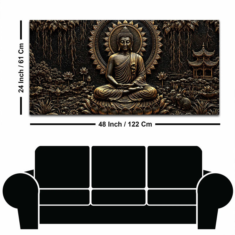 Tranquil Buddha with Lotus & Temple Black Gold Metallic Look 3D Canvas Wall Painting