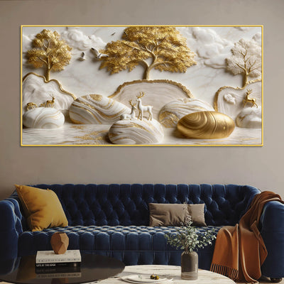 Tranquil Deer in White & Golden Forest 3D Canvas Wall Painting