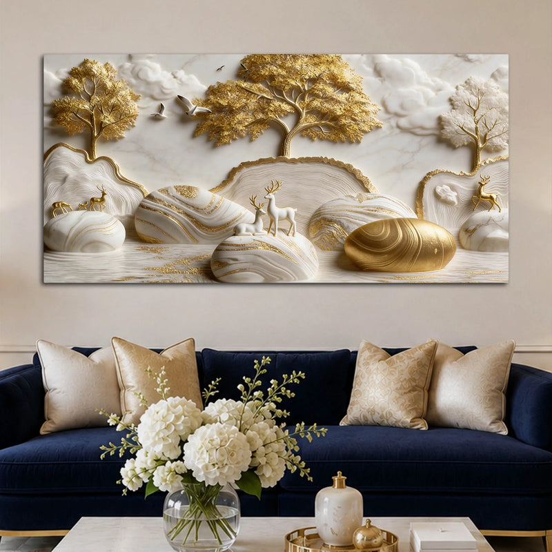 Tranquil Deer in White & Golden Forest 3D Canvas Wall Painting