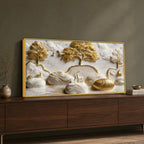 Tranquil Deer in White & Golden Forest 3D Canvas Wall Painting