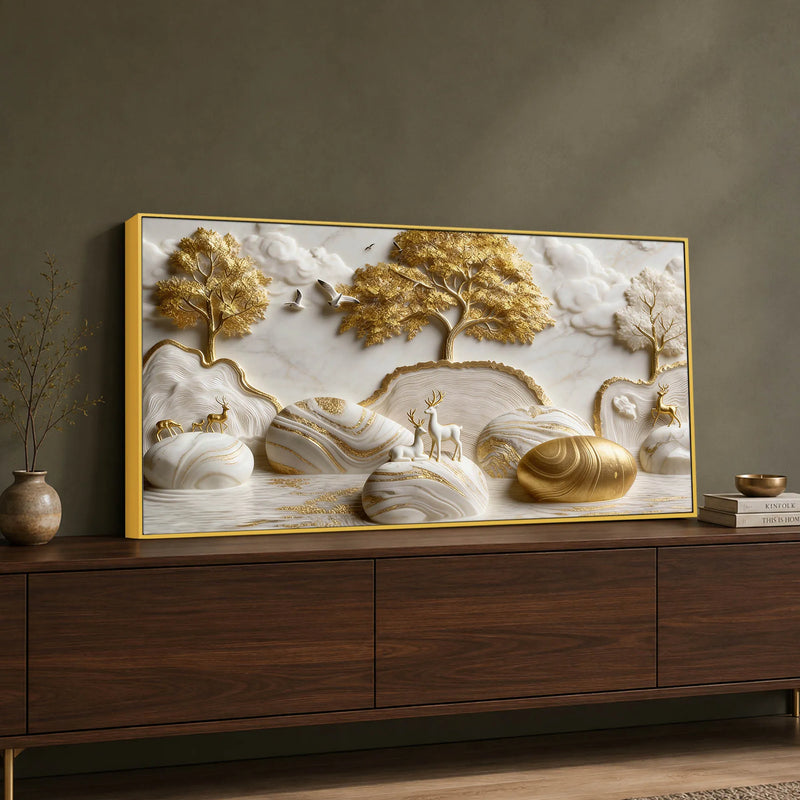 Tranquil Deer in White & Golden Forest 3D Canvas Wall Painting