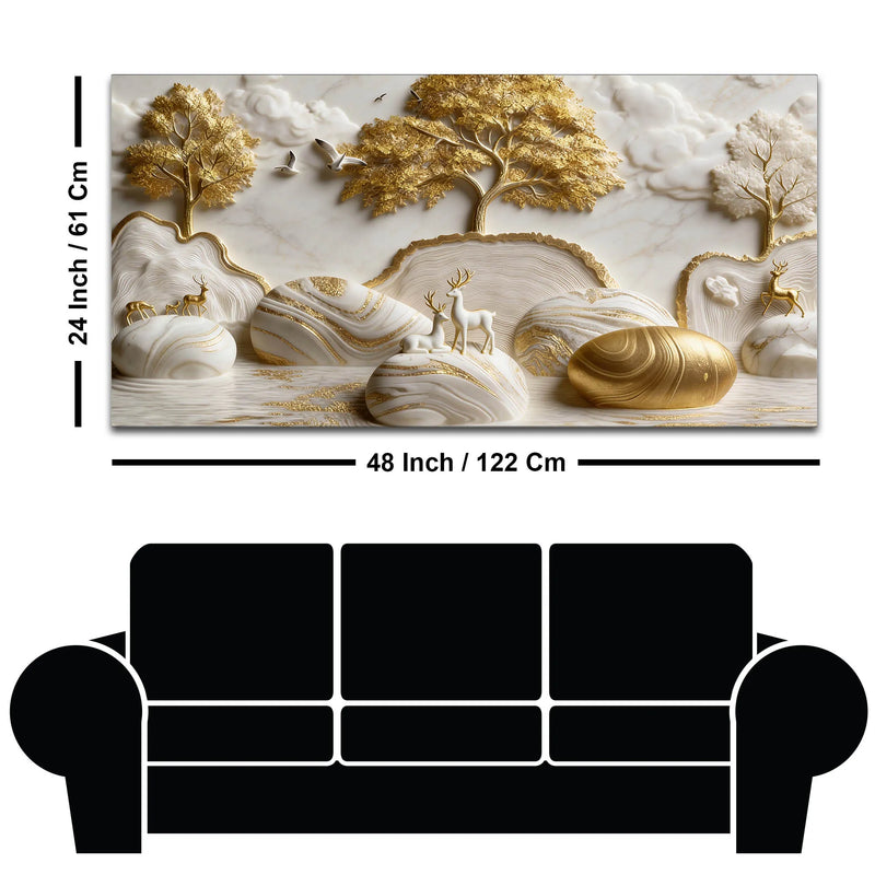 Tranquil Deer in White & Golden Forest 3D Canvas Wall Painting