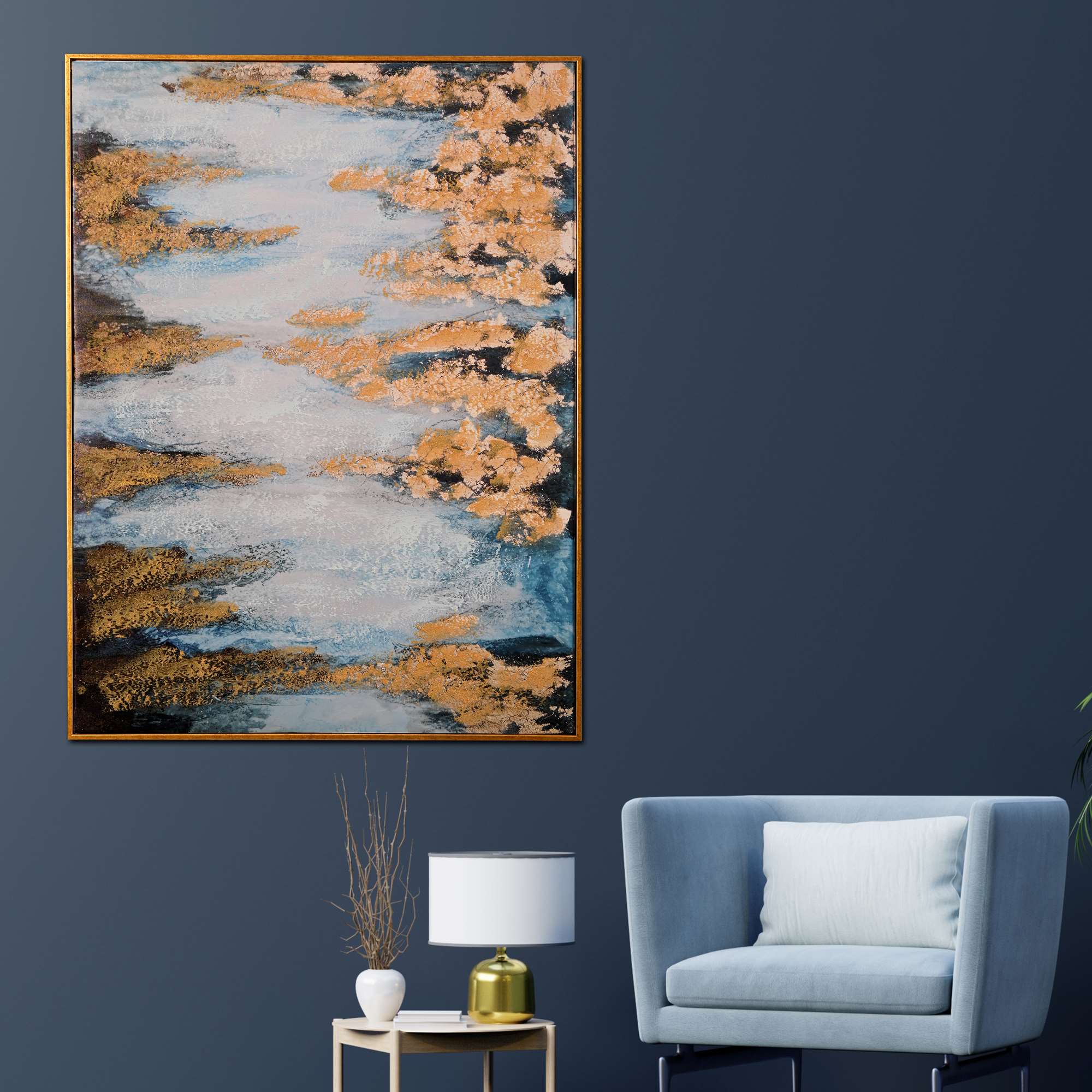 Tranquil Depths Abstract Hand Painted Wall Painting with Floating Frame