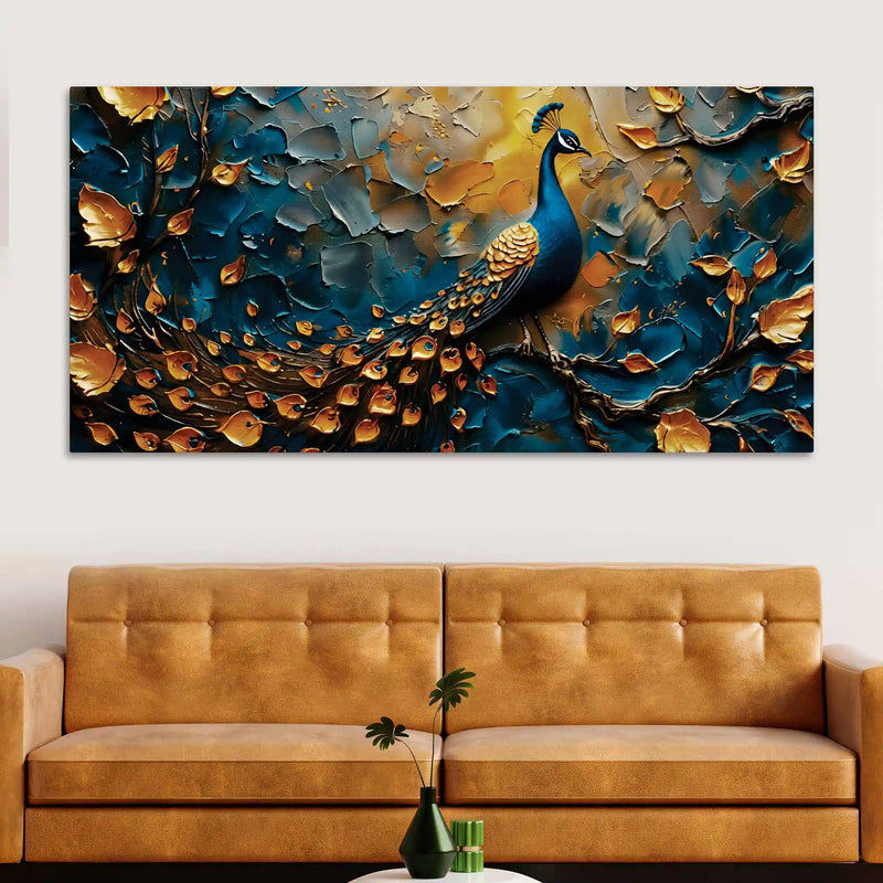 Tranquil Elegant Peacock Sitting On Branch Abstract Canvas Wall Painting