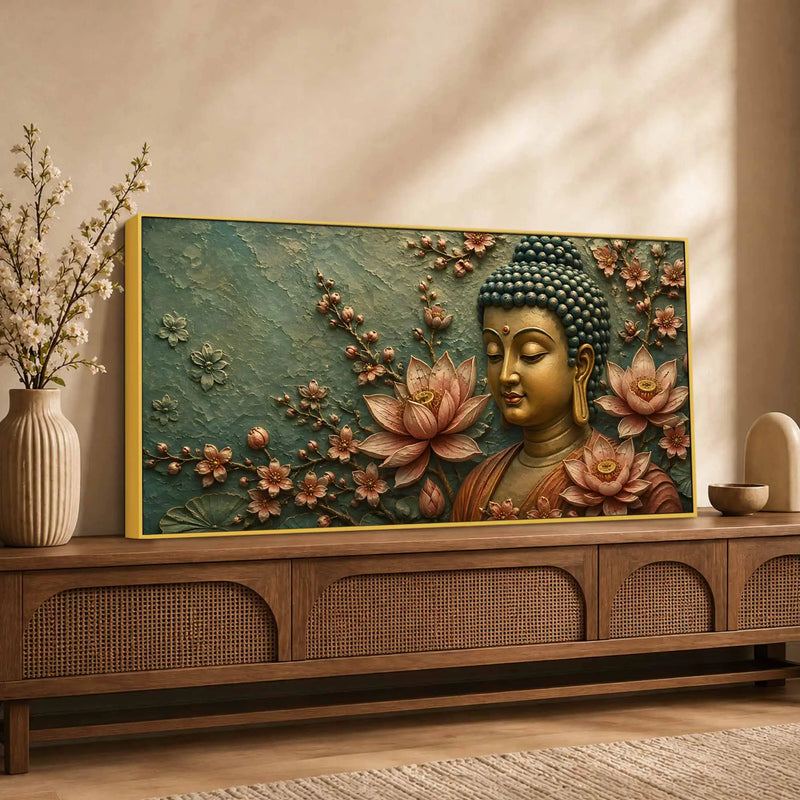 Tranquil Lord Buddha with Lotus 3D Bas-Relief Type Canvas Wall Painting