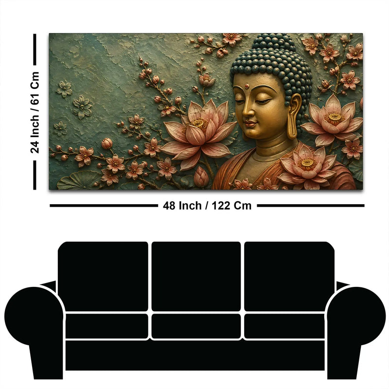 Tranquil Lord Buddha with Lotus 3D Bas-Relief Type Canvas Wall Painting