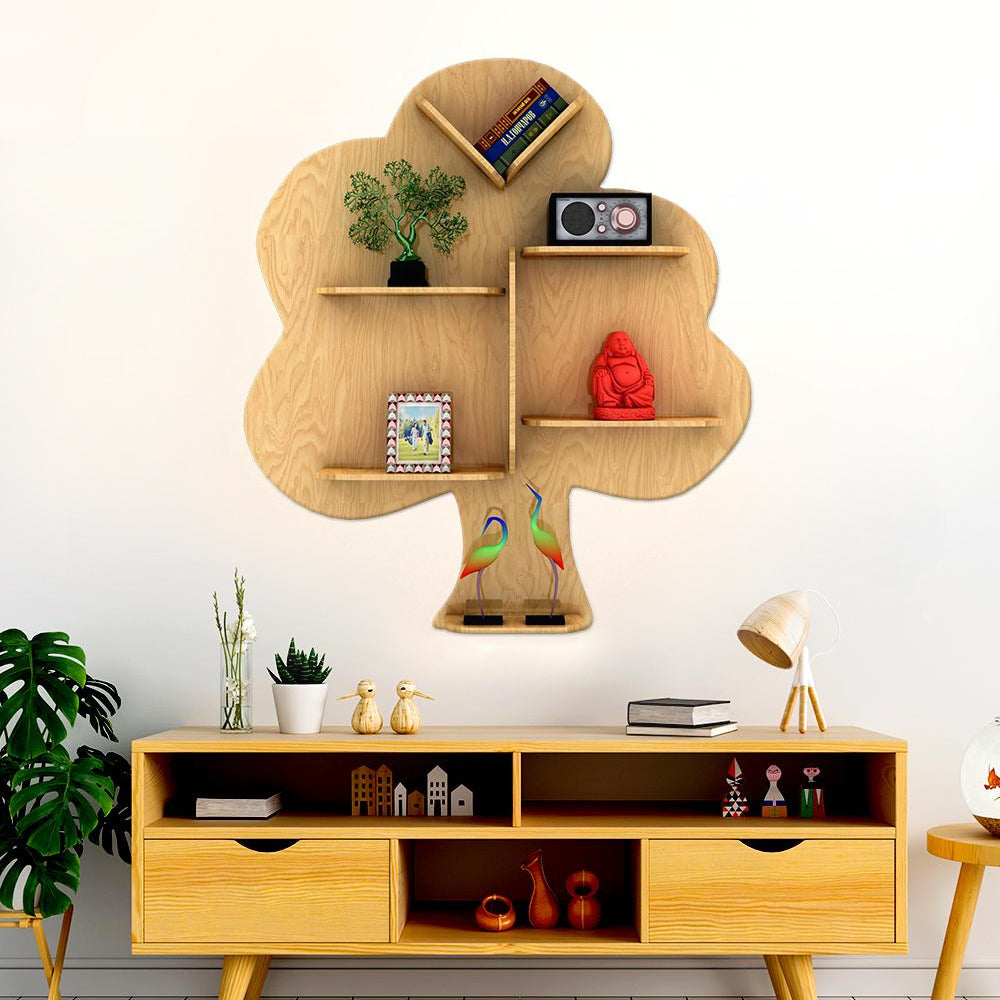 Tree Backlit Designer Wooden Wall Shelf / Book Shelf / Night Light, Light Oak Finish