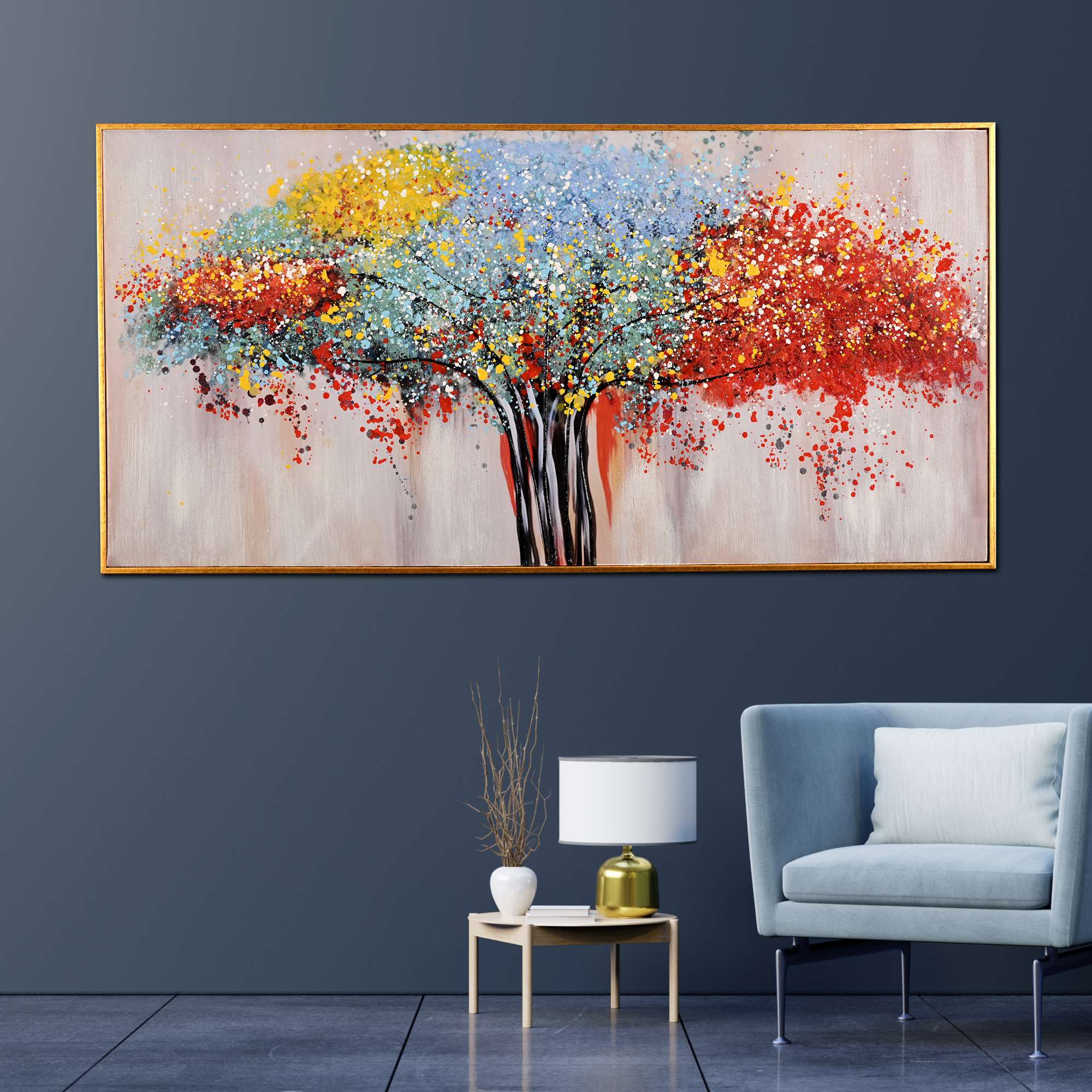 Tree of Life in Seven Color Hand Painted Wall Painting with Floating Frame