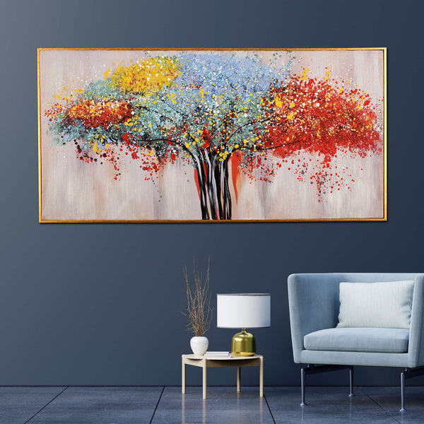 Tree of Life in Seven Color Hand Painted Wall Painting with Floating Frame