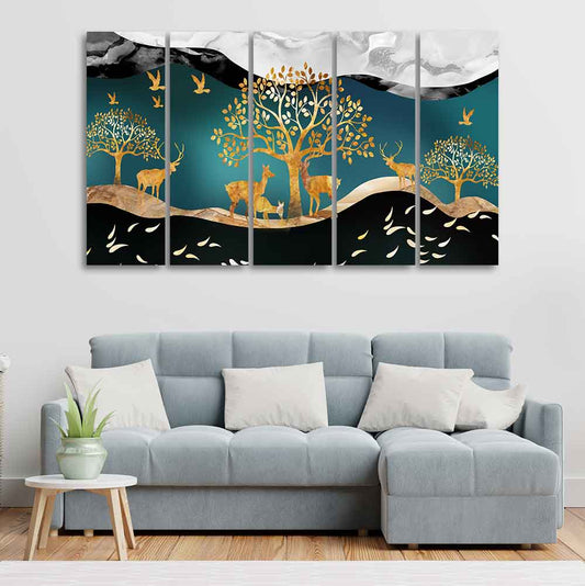 Trees and Deer Canvas Wall Painting Set of Five