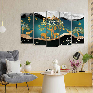 Trees and Deer Canvas Wall Painting Set of Five Pieces