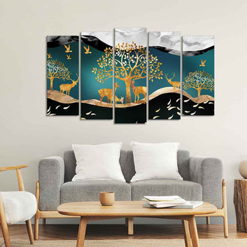 Trees and Deer Canvas Wall Painting Set of Five Pieces