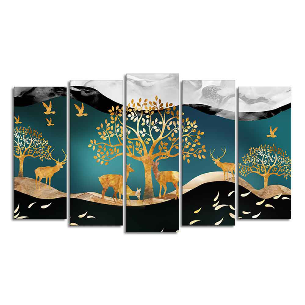 Trees and Deer Canvas Wall Painting Set of Five Pieces