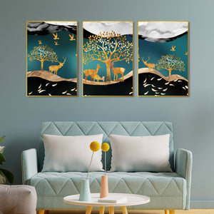 Trees and Deer Floating Canvas Wall Painting Set of Three