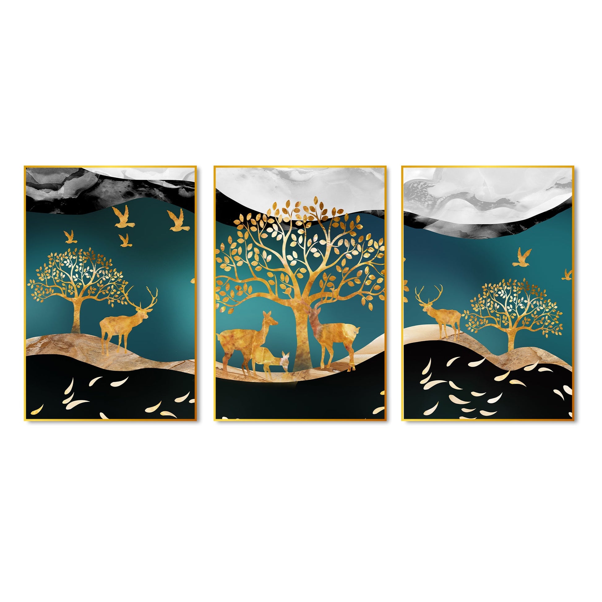 Trees and Deer Floating Canvas Wall Painting Set of Three