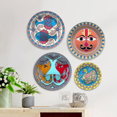Tribal Faces & Mythic Symbols Premium Wall Plates Painting Set of Four