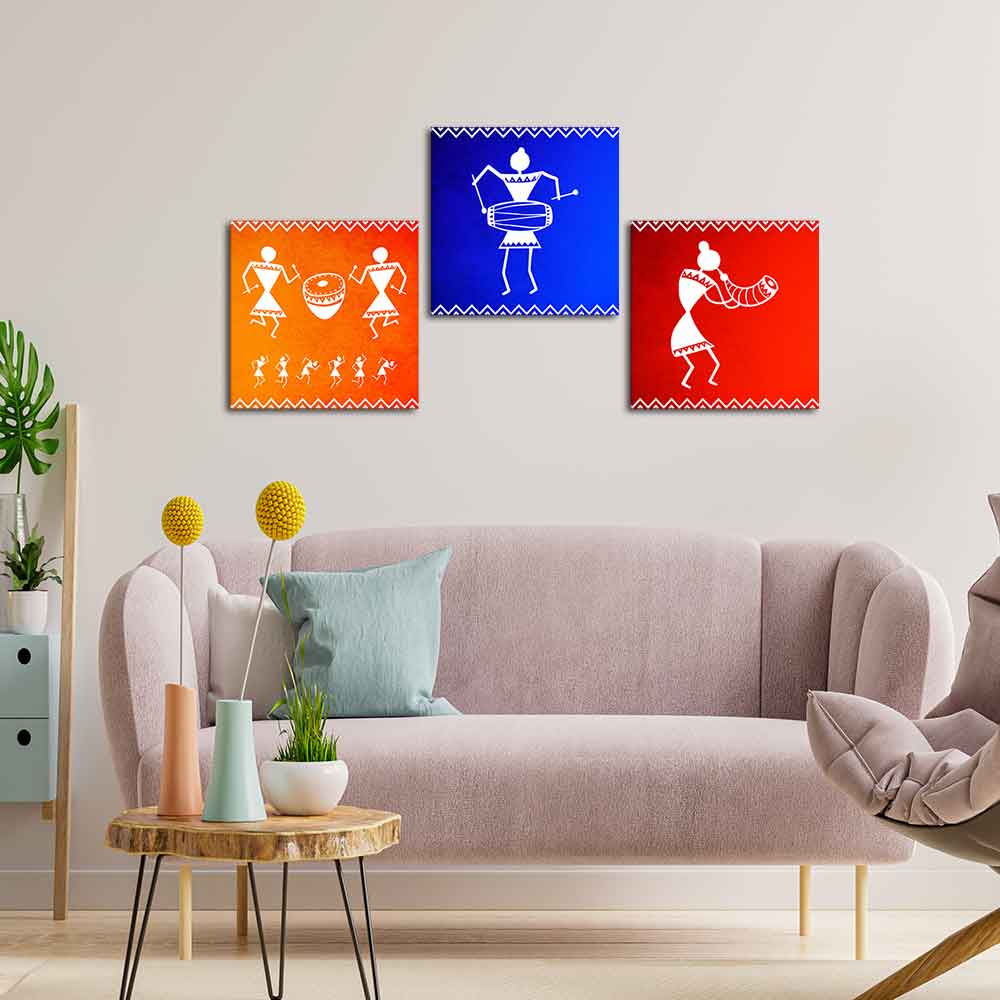 Tribal Music Warli Art Wall Hanging Painting Set of Three