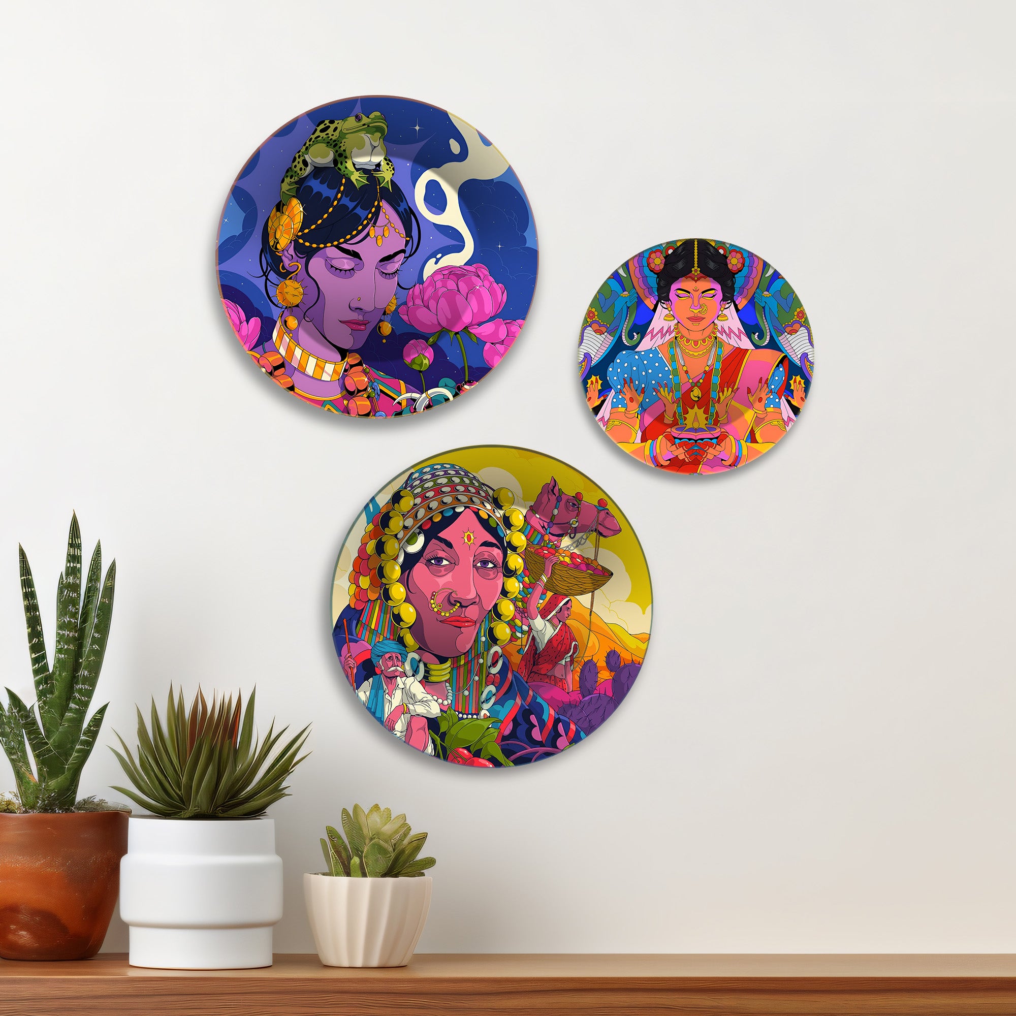 Tribal Queens Folk Fusion Premium Wall Plates Painting Set of 3