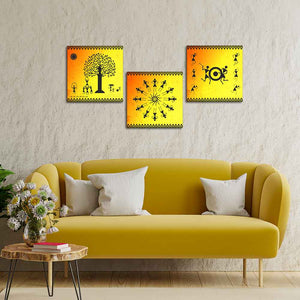 Tribal Warli Art Wall Hanging Painting, Set of Three Panels