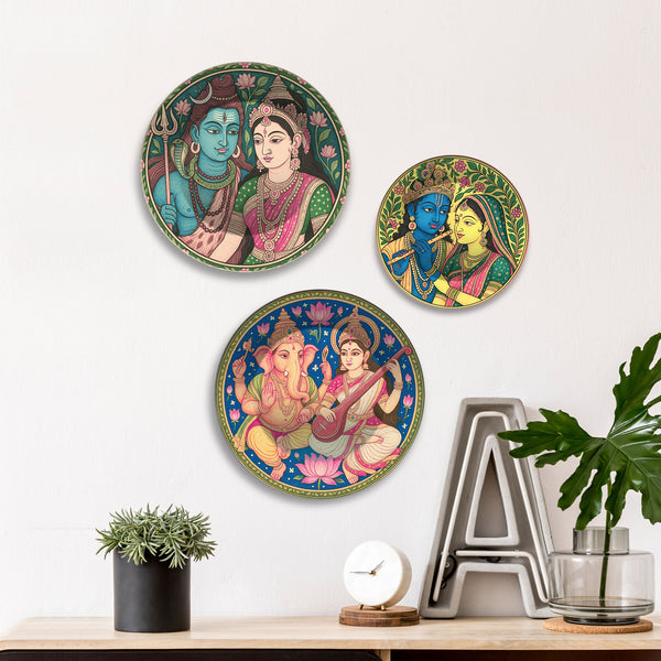 Trinity of Devotion Hindu Gods Premium Wall Plates Painting Set of 3