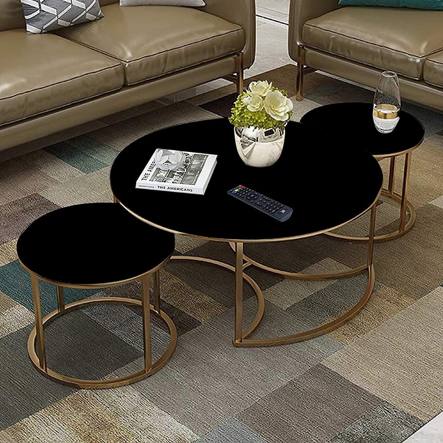 Trio Golden Nesting Tables with Black Marble Finish Set of 3