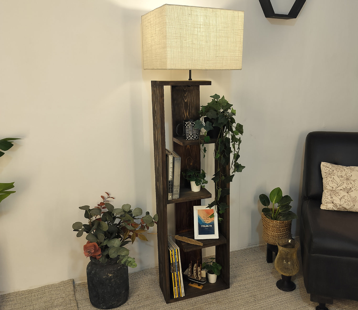 Tripod Beige Wooden Floor Lamp with Shelf Natural Jute Shade