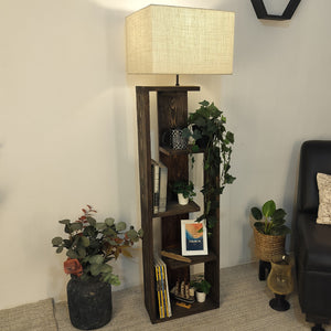 Tripod Beige Wooden Floor Lamp with Shelf Natural Jute Shade