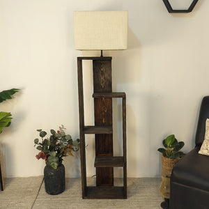 Tripod Beige Wooden Floor Lamp with Shelf Natural Jute Shade