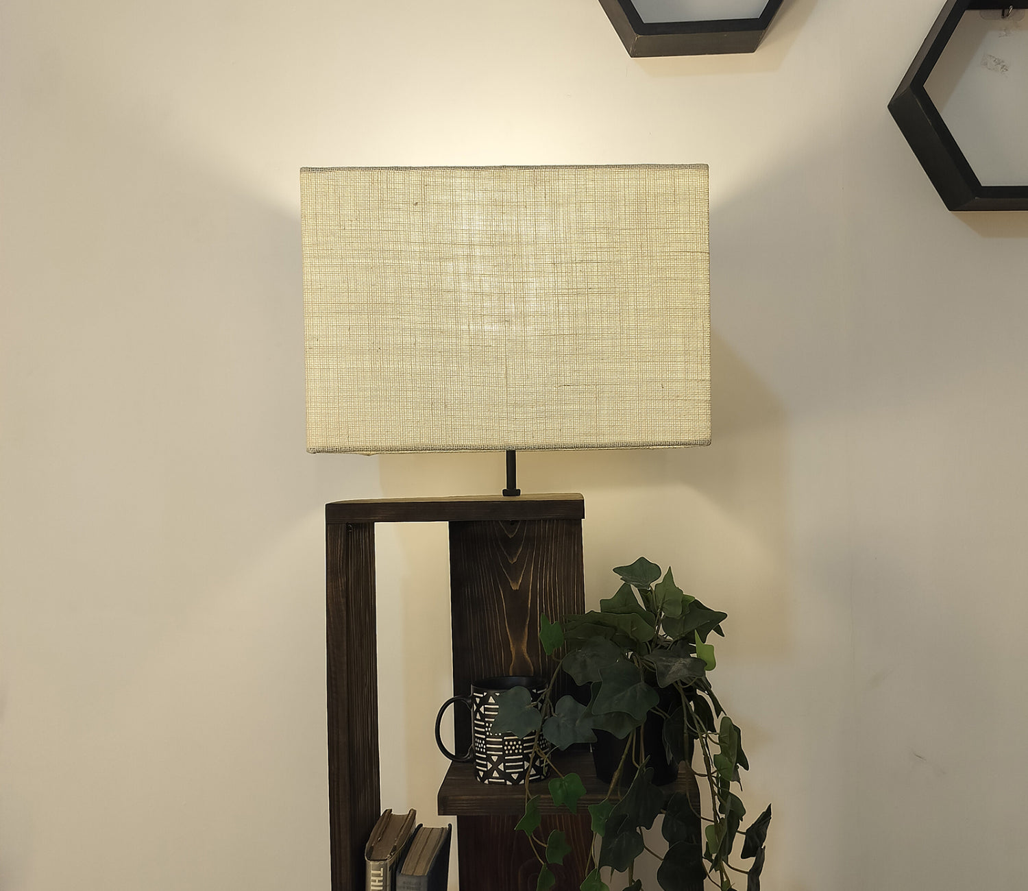 Tripod Beige Wooden Floor Lamp with Shelf Natural Jute Shade