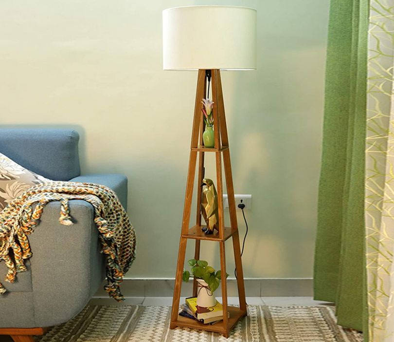 Tripod Beige Wooden Floor Lamp with Shelf Natural White Shade