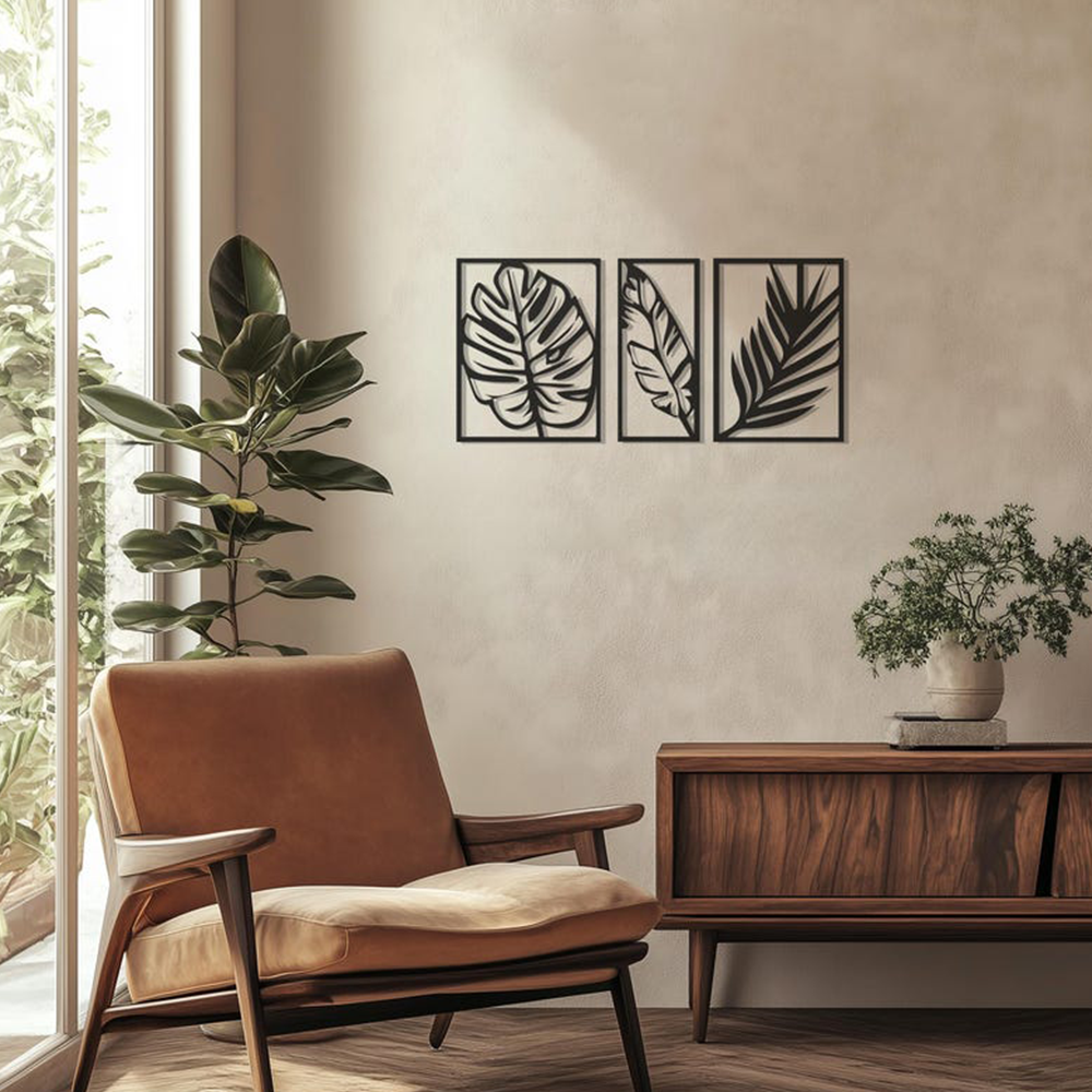 Tropical Palm Leaf Three Frames Metal Art Wall Decor