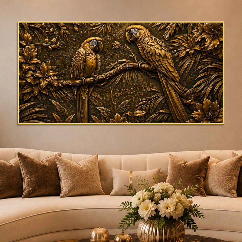 Tropical Parrot Couple on Branch Metallic Look 3D Canvas Wall Painting