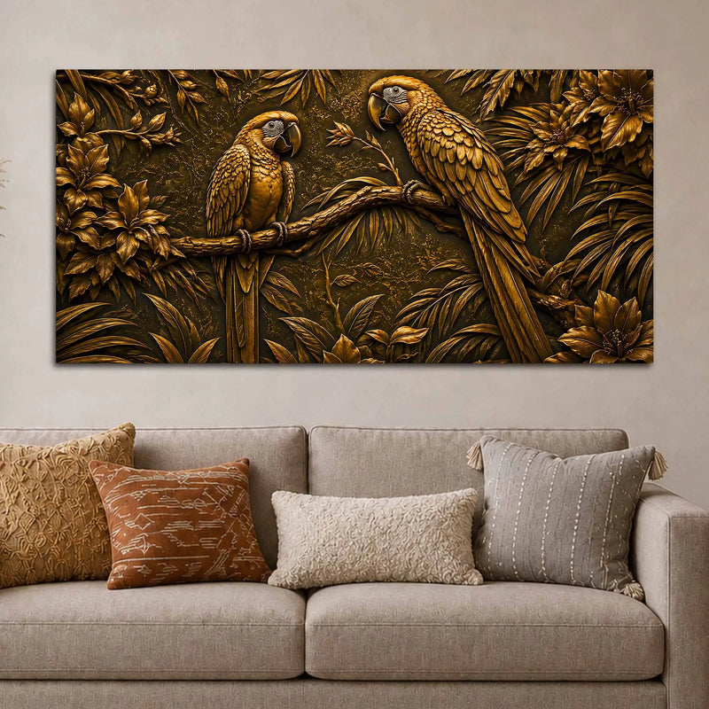 Tropical Parrot Couple on Branch Metallic Look 3D Canvas Wall Painting