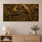 Tropical Parrot Couple on Branch Metallic Look 3D Canvas Wall Painting