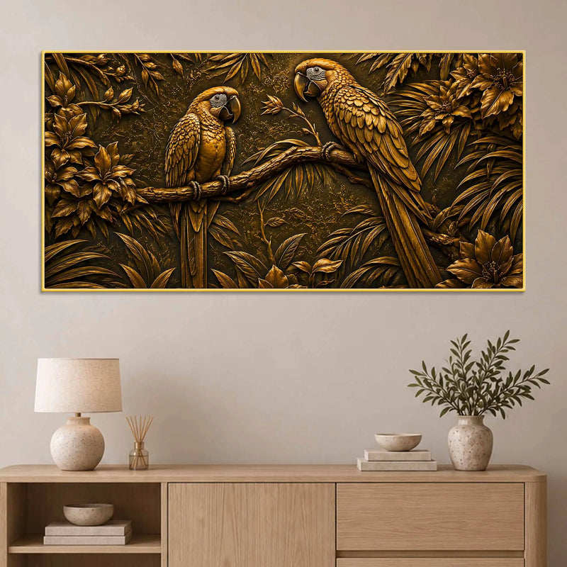 Tropical Parrot Couple on Branch Metallic Look 3D Canvas Wall Painting